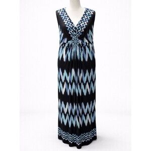 Catherine's 4X Maxi Dress Blue Black V-Neck Sleeveless Beaded Medallion Zig Zag